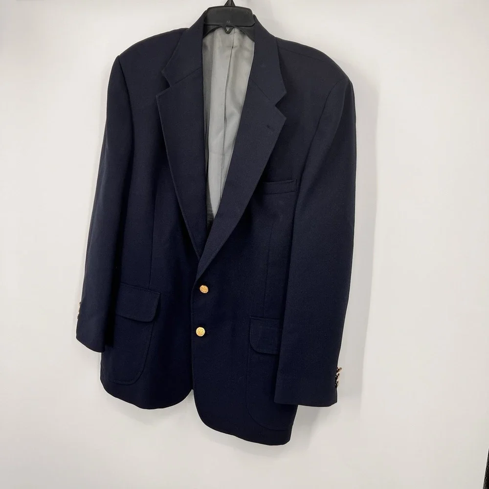 Stafford Men's 43R Navy Blue Double Breasted Blazer Jacket 3 Gold Buttons USA